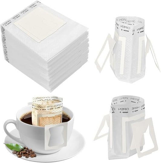 150 PCS Coffee Filter Paper Bags, Disposable Single Serve Drip Coffee Bags with Hanging Ears, Fast Brewing, Mess-Free Design for Travel, Camping, Home & Office Use