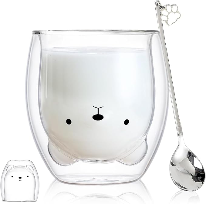 Bear Cute Mugs Kawaii Double Wall Glass Coffee Tea Mill Yogurt Cup Funny Novelty Gift for Women Her Friends Office Birthday Christmas