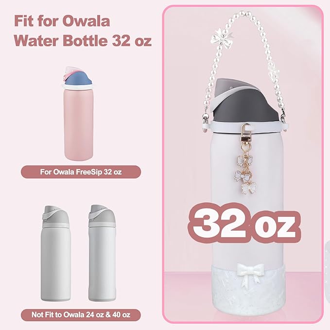Water Bottle Accessories Set for Owala FreeSip 24oz、32 oz– Includes Pearl Handle Strap, Bow Charms,2.9in .3inch Silicone Bling Boot for Owala Accessories for Women