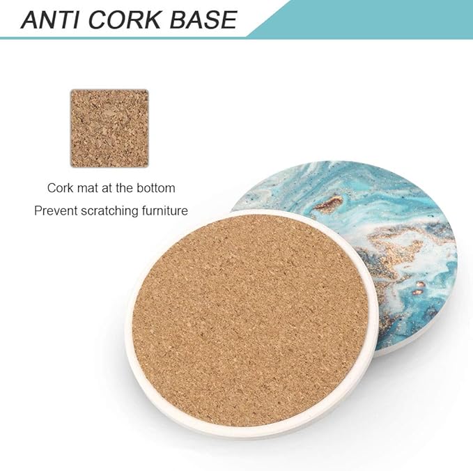 Lahome Marble Style Coasters - Round Drinks Absorbent Stone Coaster Set with Ceramic Stone and Cork Base for Kinds of Mugs and Cups (Blue, 4)