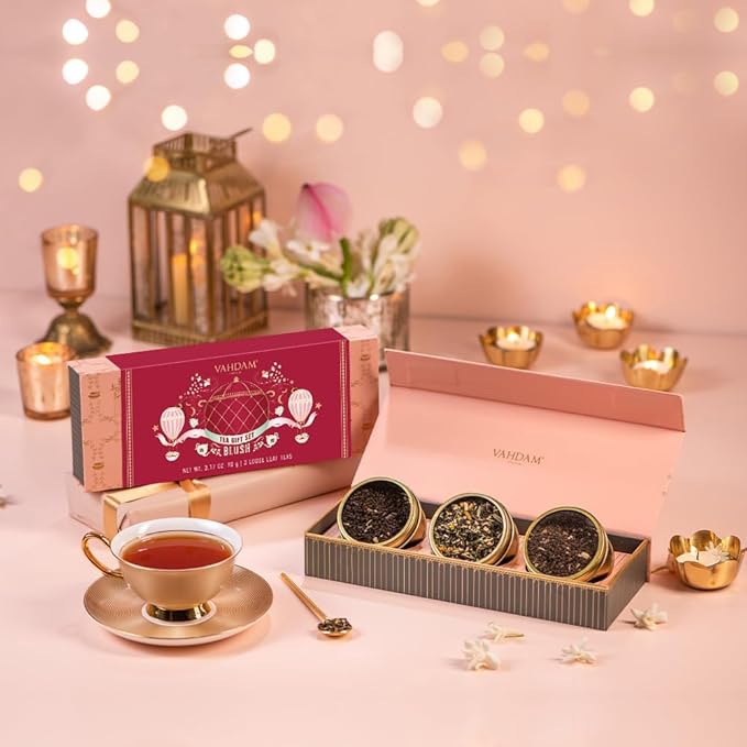 VAHDAM, BLUSH - Assorted Valentines Day Tea Gift Set for Women (3 Premium Teas) Tin Caddy Presentation Box | Loose Leaf Teas | Gluten Free & Non GMO | Valentines Day Gifts for Him & Her