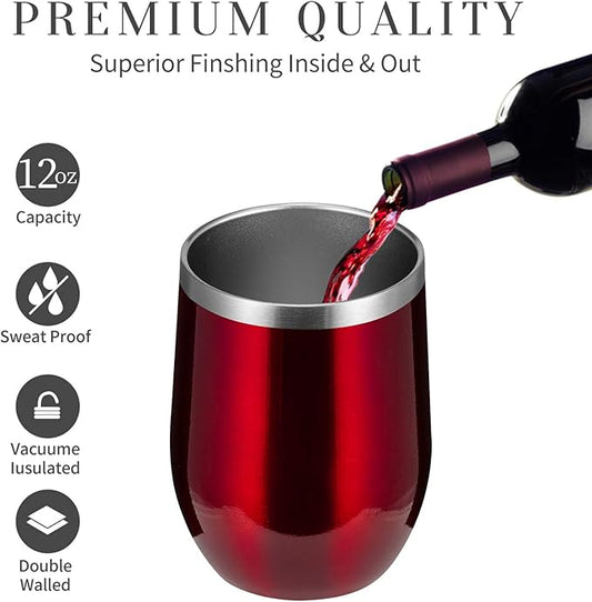 MEWAY 12oz/12 Pack Wine Tumbler Glasses with Lid -Double Wall Vacuum Stainless Steel Travel Tumbler Mug,Stemless Insulated Wine Cup for,Coffee,Cocktails,Gifts (Burgundy,Set of 12)
