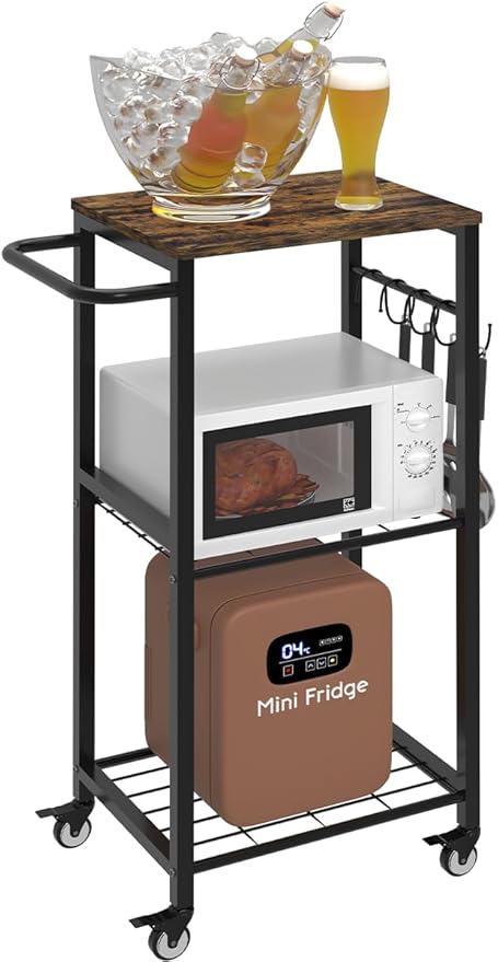 Kitchen Microwave Stand Cart with Storage Rack | 3-Tier Rolling Kitchen Side Table on Wheels with 8 Hooks, Utility Small Coffee Shelf Organizer for Living Room, Bedroom, Bathroom, Office, Black