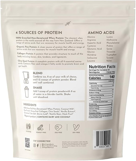 JUST INGREDIENTS Vanilla Bean Protein Powder – 30-Serving Blend with 100% Grass-Fed Whey & Organic Plant Proteins – Real Vanilla Bean & Cinnamon – Supports Muscle Recovery, Energy*