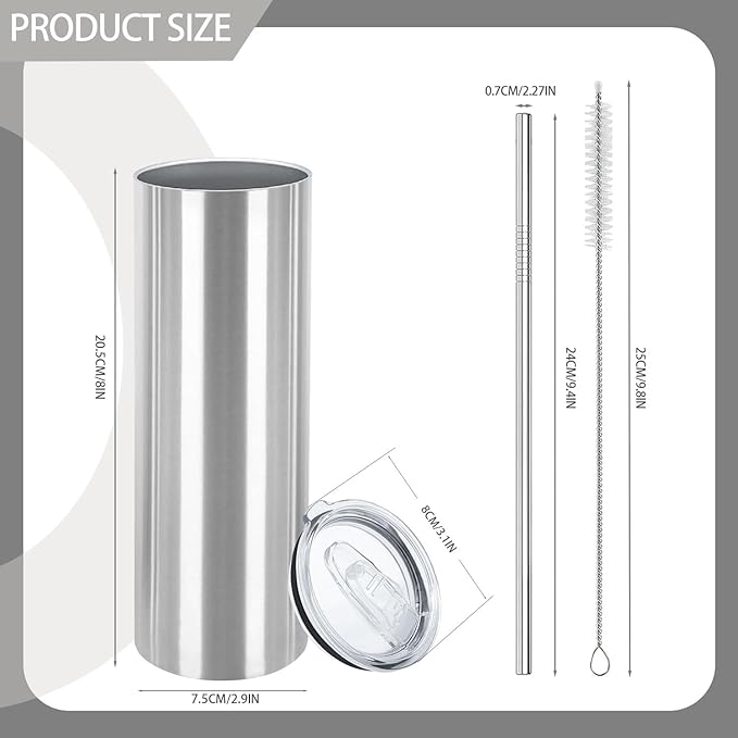 YOUKE OLA 16 Pack Stainless Steel Skinny Tumblers Blank Bulk Straight Double Wall Insulated Tumbler with Lid and Straw for, DIY Gift, 20oz Silver