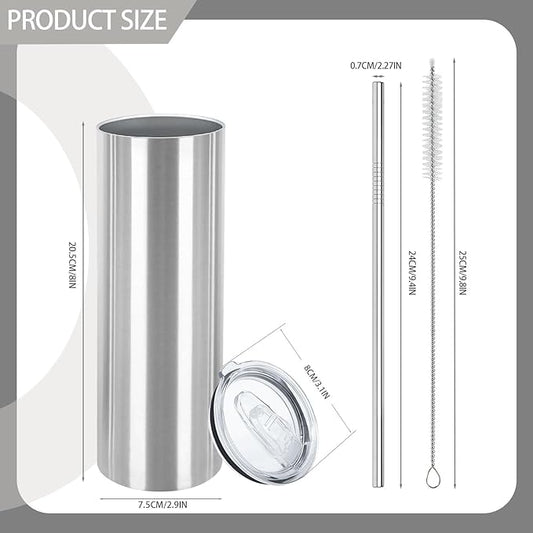 YOUKE OLA 16 Pack Stainless Steel Skinny Tumblers Blank Bulk Straight Double Wall Insulated Tumbler with Lid and Straw for, DIY Gift, 20oz Silver