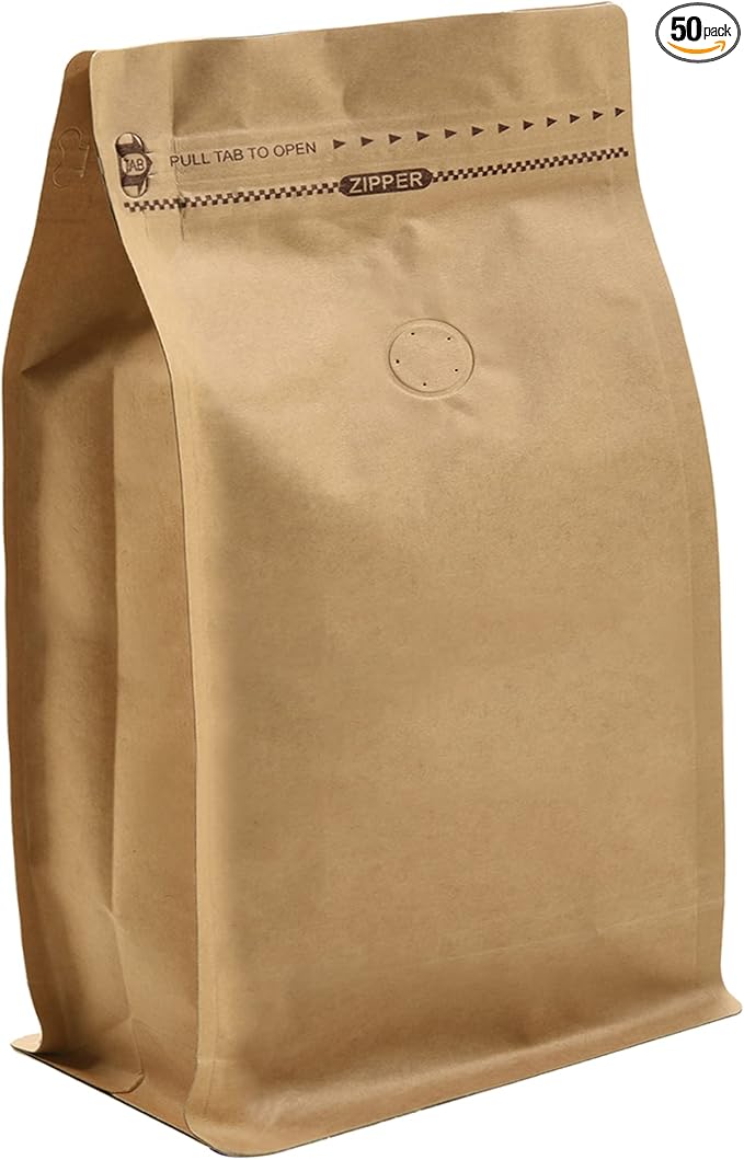 50 Pieces 12 Ounce Kraft Paper Stand Up Coffee Bag/Flat Bottom Pouch with Air Release Valve and Reusable Side Zipper. (50pcs, ¾lb/12oz/340g)