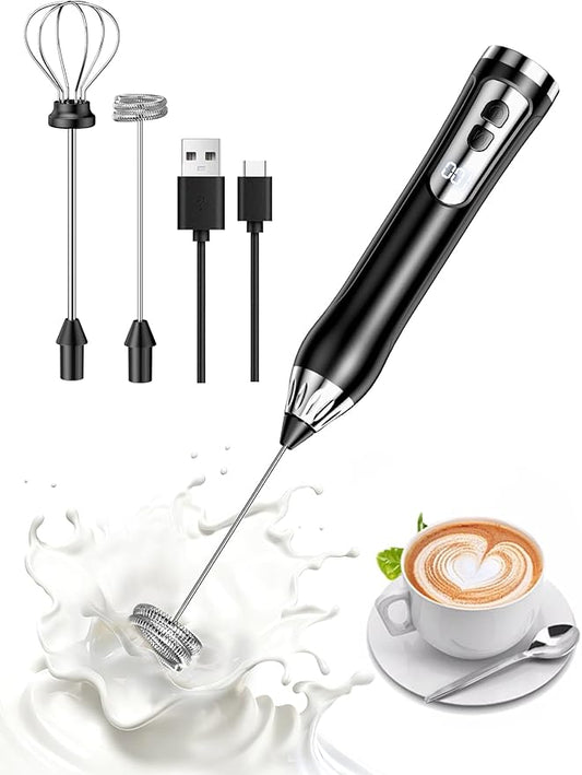 Milk Frother Handheld, Rechargeable Coffee Frother Wand with Detachable Double Whisk, IP67 Waterproof Hand Frother, 3 Grade Speed Fast Foaming for Matcha, Lattes, Cappuccino, Ideal for Coffee Lovers