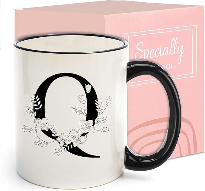 Monogram Ceramic Coffee Mugs, 11 oz Initial Drinking Cup with Gift Box, Unique Birthday Christmas Gifts for Women Wife Mothers Day Grandma Mom Aunt, Q