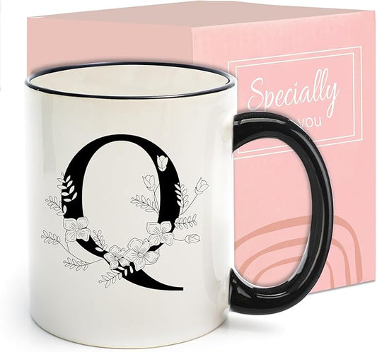 Monogram Ceramic Coffee Mugs, 11 oz Initial Drinking Cup with Gift Box, Unique Birthday Christmas Gifts for Women Wife Mothers Day Grandma Mom Aunt, Q