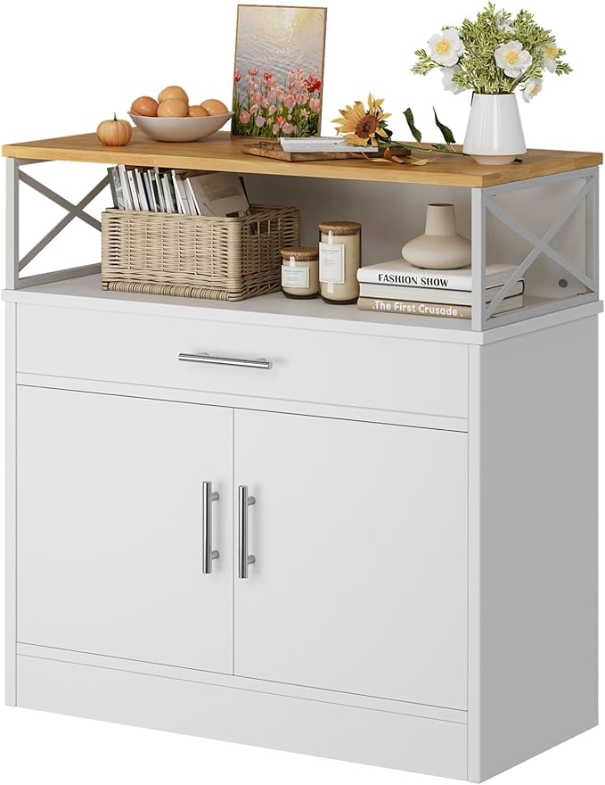 Vongrasig Coffee Bar Cabinet, Farmhouse Kitchen Storage Cabinet with Adjustable Shelf, 31“ Modern Sideboard Buffet Table for Kitchen, Dining Room, White