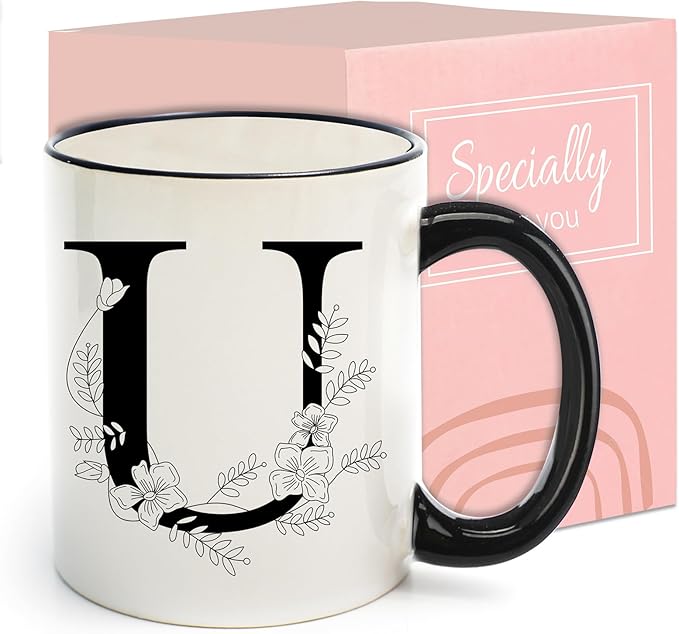 Monogram Ceramic Coffee Mugs, 11 oz Initial Drinking Cup with Gift Box, Unique Birthday Valentines Day Gifts for Women Wife Mothers Day Grandma Mom Aunt, U