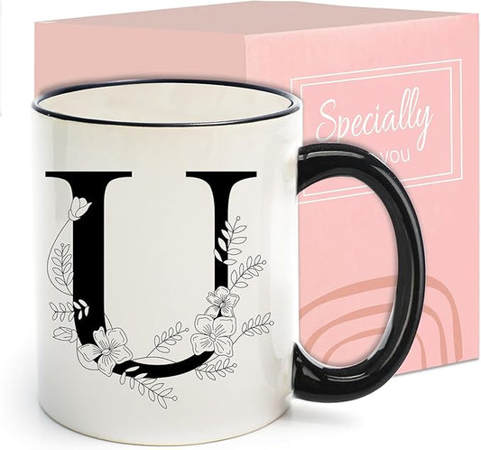 Monogram Ceramic Coffee Mugs, 11 oz Initial Drinking Cup with Gift Box, Unique Birthday Valentines Day Gifts for Women Wife Mothers Day Grandma Mom Aunt, U