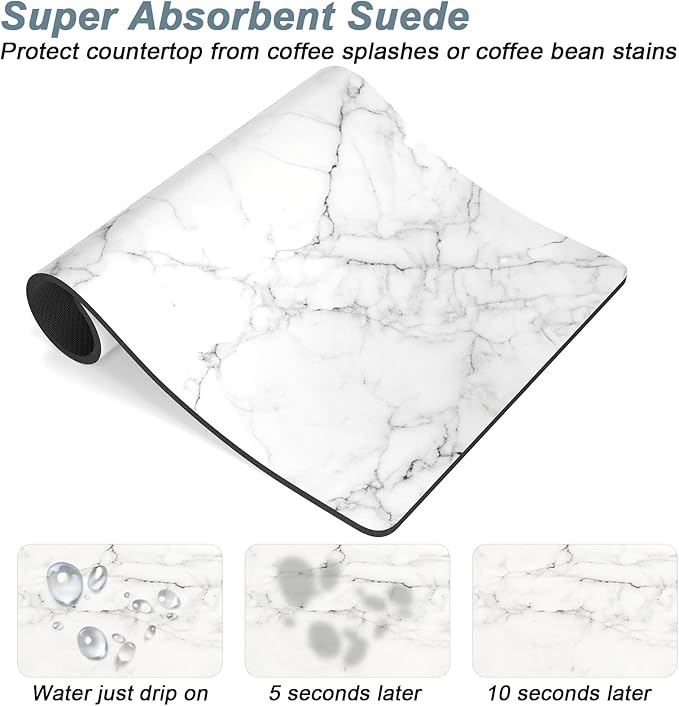 Rnivvi Coffee Mat, 12" x 19" Cute Marble Style Coffee Bar Mats for Espresso Machine Station Accessories and Organizer, Hide Stain Rubber Backed Absorbent Dish Drying Pad for Kitchen Counter,Gray White