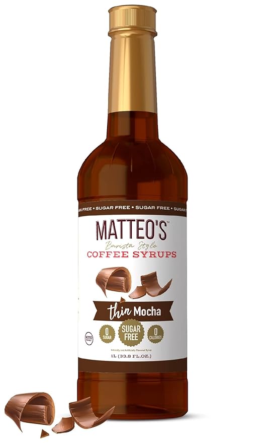 Matteo's Mocha Syrup for Coffee, Lattes, Cappuccinos & Desserts – Sugar-Free Sweetener for Beverages, Keto Friendly, Zero Calories, Indulgent Flavor, Non-Alcoholic, Ideal for Hot Drinks 33.8oz (1pk)