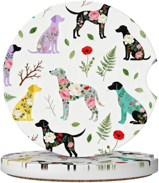 Car Cup Holder Coasters, 2 Pcs Ceramic Coasters with Finger Slot and Cork Back, Anti-Slip Shock Absorbing Women and Men Universal Car Accessories - Flower Dog