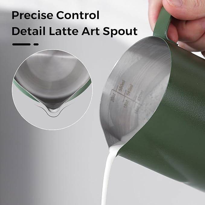 Milk Frothing Pitcher – Stainless Steel Latte Art Pitcher for Steaming and Frothing Milk – Espresso Coffee Milk Jug with Handle – Barista Tool for Latte, Cappuccino(Green-12oz)