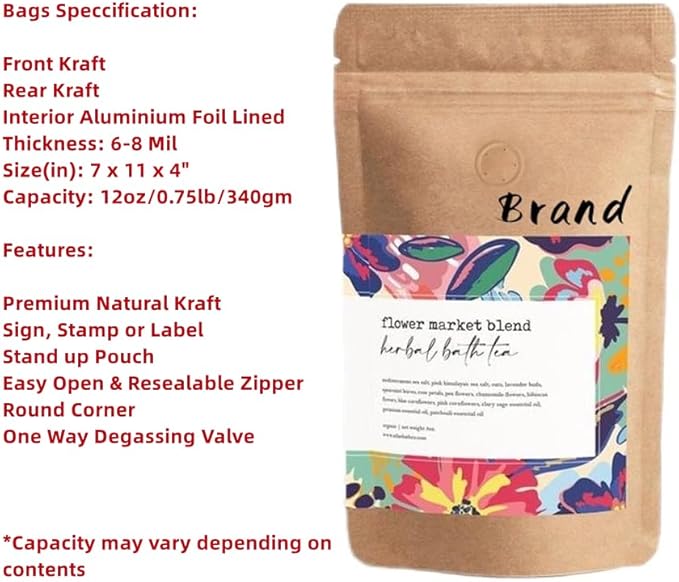 12 Ounce 50 Pieces Coffee Bags with Ziplock - High Barrier Natural Kraft Paper Stand up Coffee Pouches with Air Release/One Way Degassing Valve & Reusable Zipper (50, 12oz/0.75lb/340gm)
