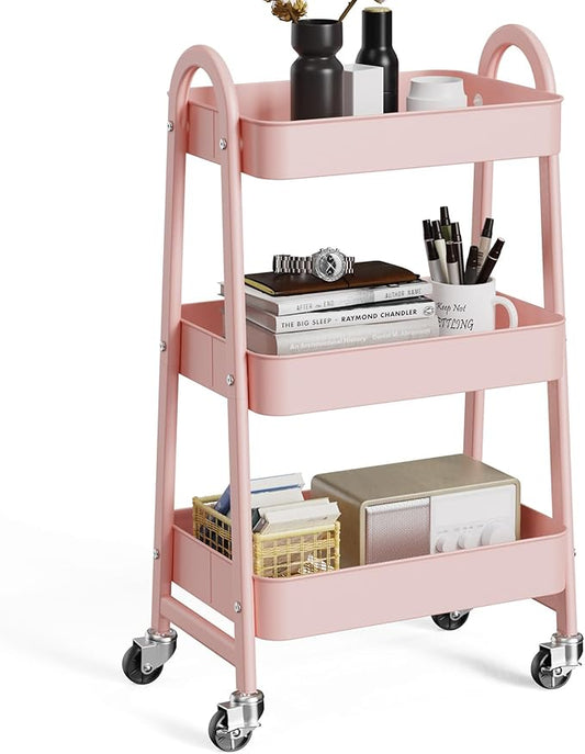 OLIXIS 3 Tier Utility Rolling Cart, Metal Mobile Storage Shelf with Lockable Caster Wheels, Organization for Livingroom, Bathroom & Narrow Places, Pink