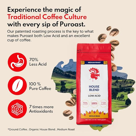 Puroast Low Acid Coffee Whole Bean | House Blend Whole Bean | Medium Roast | High Antioxidants & High pH |No Bitter Aftertaste | Reduced Heartburn & GERD | Suitable for Cold Brew - 2.2 LB