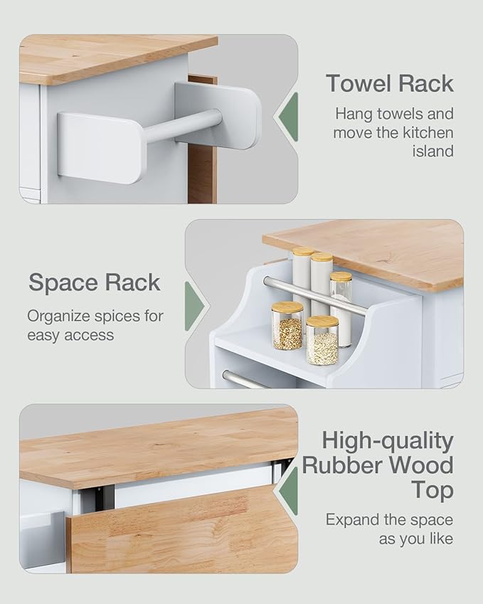 Kitchen Island on Wheels Kitchen Cart with Rubber Wood Top, Mobile Kitchen Island with Double Storage Cabinet and Drawers, Island Table for Kitchen (White)