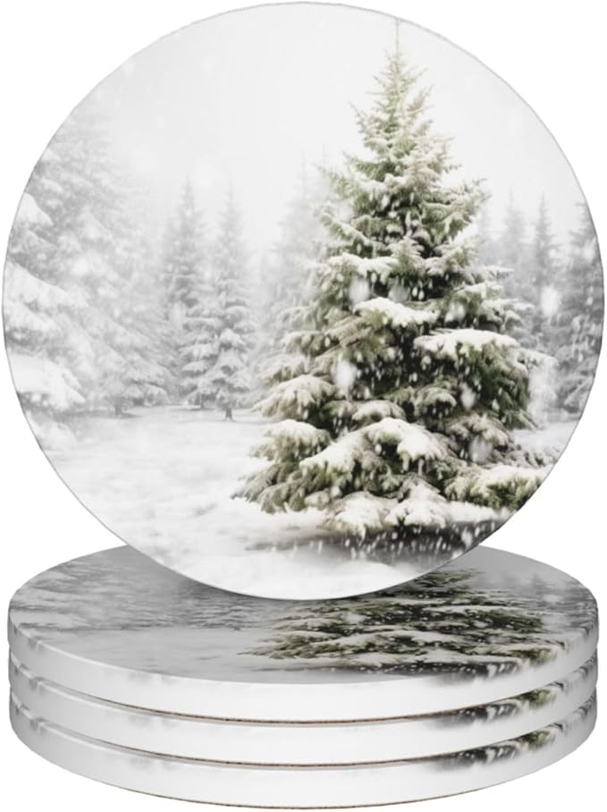 Winter Christmas Tree Pattern Coasters for Drinks Absorbent Round Ceramic Coasters Set of 4 Non-Slip Cup Coaster with Cork Base for Coffee Table Drink Home Decor Tabletop Protection