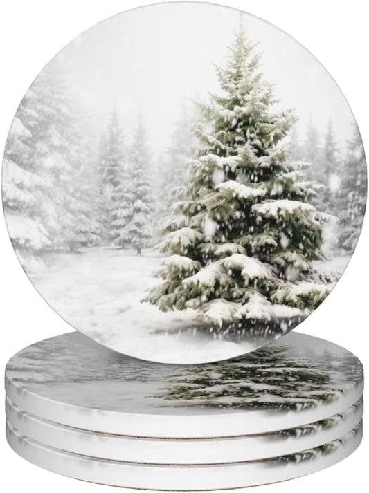 Winter Christmas Tree Pattern Coasters for Drinks Absorbent Round Ceramic Coasters Set of 4 Non-Slip Cup Coaster with Cork Base for Coffee Table Drink Home Decor Tabletop Protection