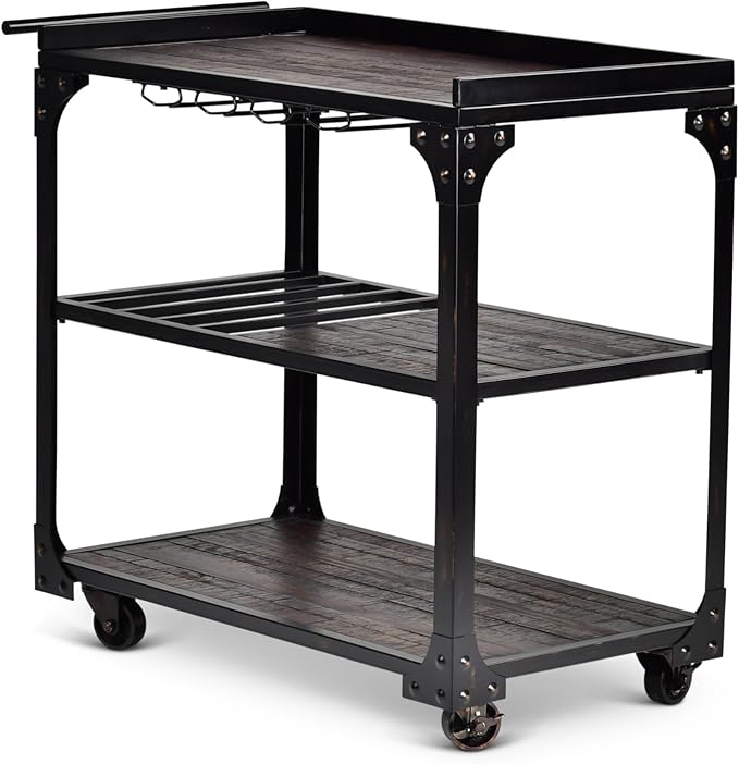 Steve Silver Furniture Sherlock Bar Cart Server, 3-Tier, Industrial Accent Design, Distressed Dark Charcoal Finish, Rustic Styling, Bottle Rack, for Kitchen, Dining Room, 20" D x 40" W x 36" H, Black