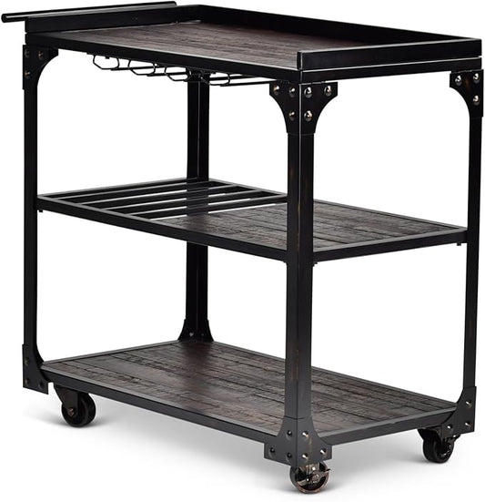 Steve Silver Furniture Sherlock Bar Cart Server, 3-Tier, Industrial Accent Design, Distressed Dark Charcoal Finish, Rustic Styling, Bottle Rack, for Kitchen, Dining Room, 20" D x 40" W x 36" H, Black