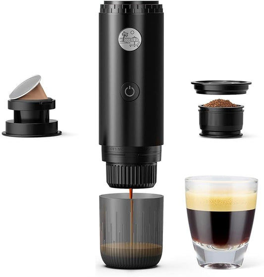 Portable 2-in-1 Coffee Maker, Portable 20 Bar Espresso Machine with Automatic Heating, Compatible with NS and Ground Coffee for Camping, Hiking Travel and Home (Black)