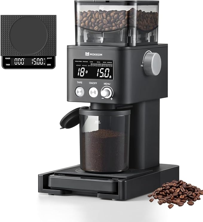 MOKKOM Coffee Grinder with Removable Coffee Scale, Anti-static Conical Burr Coffee Bean Grinder, 31 Precise Settings for Espresso/Drip/Pour Over/Cold Brew/French Press