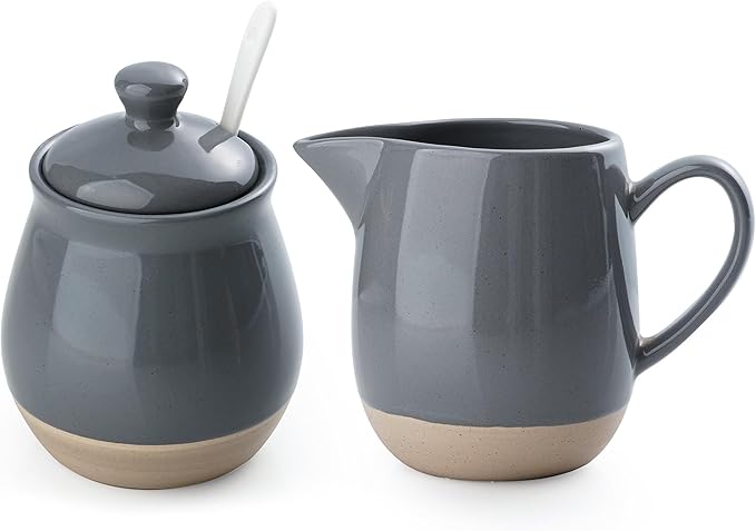 famiware Milkyway Ceramic Sugar and Creamer Set, 10oz Sugar Bowl & 13oz Creamer Set – Stoneware Milk Pitcher & Sugar Dispenser for Coffee Bar, Kitchen, or Countertop, Coffee Serving Set, Dark Gray