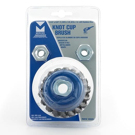 Mercer Industries 189020 - 2-3/4" x 5/8"-11 Knot Cup Brush, .020 Stainless Steel Wire (with metric adapters)