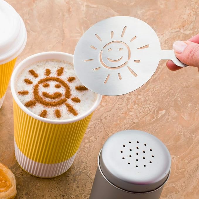 Restaurantware Coffee Art Stencil Pack of 1 Stainless Steel Smiley Sun Decorating Stencil for Latte Art, Reusable Tool With Built-In Handle, Dishwasher-Friendly Coffee Shop Accessory