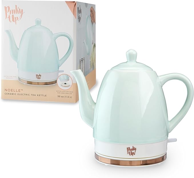 Pinky Up Noelle 1.5 L Ceramic Gooseneck Spout Electric Tea Kettle with Temperature Control - Cordless Design for Boiling Water Pot, Mint, Rose Gold