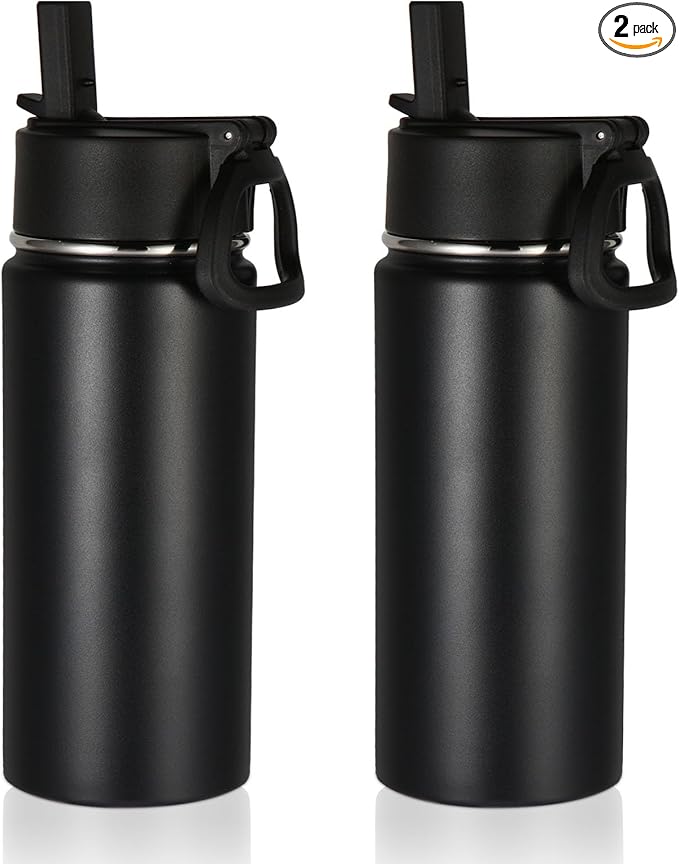 Volhoply 16 OZ Kids Water Bottle Bulk 2 Pack,Insulated Sports Bottles with Straw Lid,Stainless Steel Bottle with Handle Keep Cold & Hot,Double Wall Vacuum Tumbler Cups for School,Girls(Black, 2)