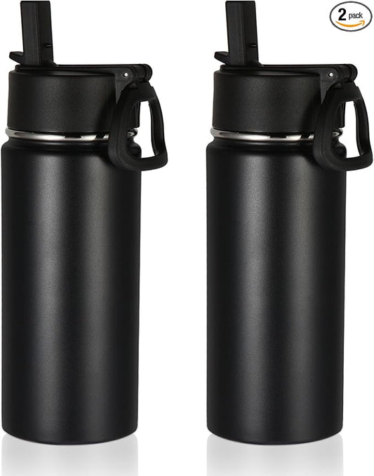 Volhoply 16 OZ Kids Water Bottle Bulk 2 Pack,Insulated Sports Bottles with Straw Lid,Stainless Steel Bottle with Handle Keep Cold & Hot,Double Wall Vacuum Tumbler Cups for School,Girls(Black, 2)