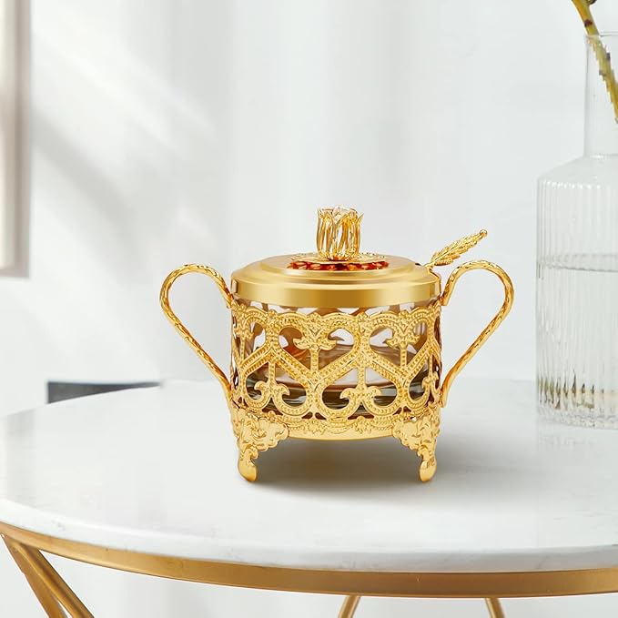 Flylin Sugar Bowl, Turkish Sugar Bowl Sugar with Sugar Spoon and Lid Dual Holder Bowl Condiment Pot Spice Glass Jar Coffee Bar Accessories Sugar Container for Home and Kitchen