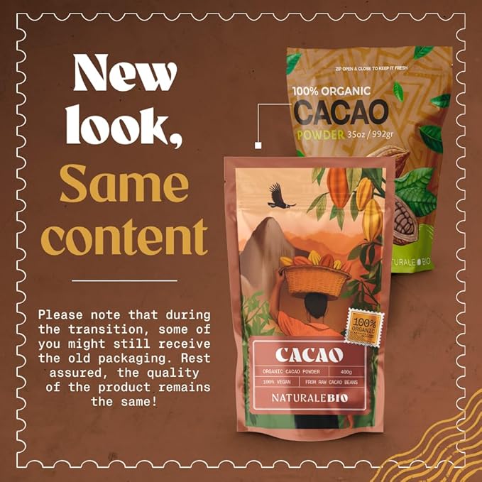 NaturaleBio Cacao Powder Organic 14oz. Unsweetened, Non-Alkalized and Pure. Cocoa Powder Substitute with Rich Dark Chocolate Flavor. Non-GMO, Gluten Free, Tested for Heavy Metals. From Raw Cacao Beans