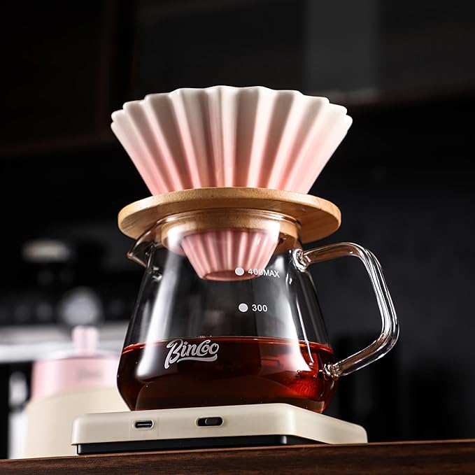 Bincoo 500ML Pour Over Coffee Maker Set with Filter Paper,Ceramic Coffee Dripper with Wood Stand Set for 1-2 Cups-Professional Brewing Tools for Pour Over & Drip for Home Office (Pink)