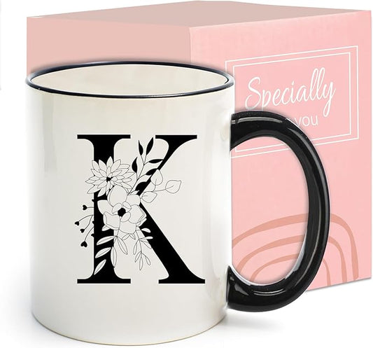 Monogram Ceramic Coffee Mugs, 11 oz Initial Drinking Cup with Gift Box, Unique Birthday Valentines Day Gifts for Women Wife Mothers Day Grandma Mom Aunt, K
