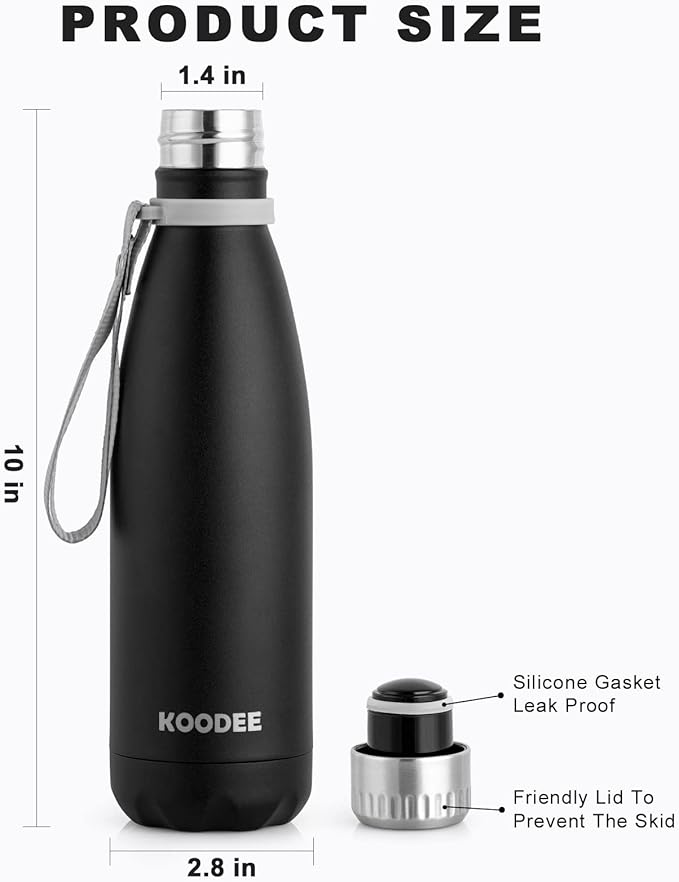 koodee 2 Pack Water Bottle -Stainless Steel Double Wall Vacuum Insulated Sports Water Bottle, 17 oz Cola Shape Travel Thermal Flask (Matte Black)