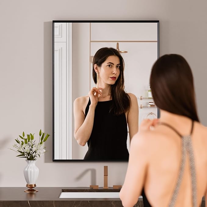 LOAAO Black Bathroom Mirror 22"X30" for Wall, Rectangle Bathroom Vanity Mirror, Hangs Vertically or Horizontally, Easy to Install, Modern Design