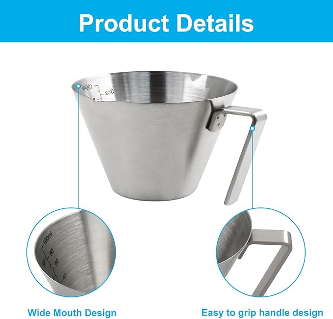Piutouyar 2 Pcs 100 ml / 3.4 oz Stainless Steel Espresso Cups, Double Spout Espresso Measuring Cup with Handle, Dual Scale Metal Espresso Shot Cup Pouring Cup