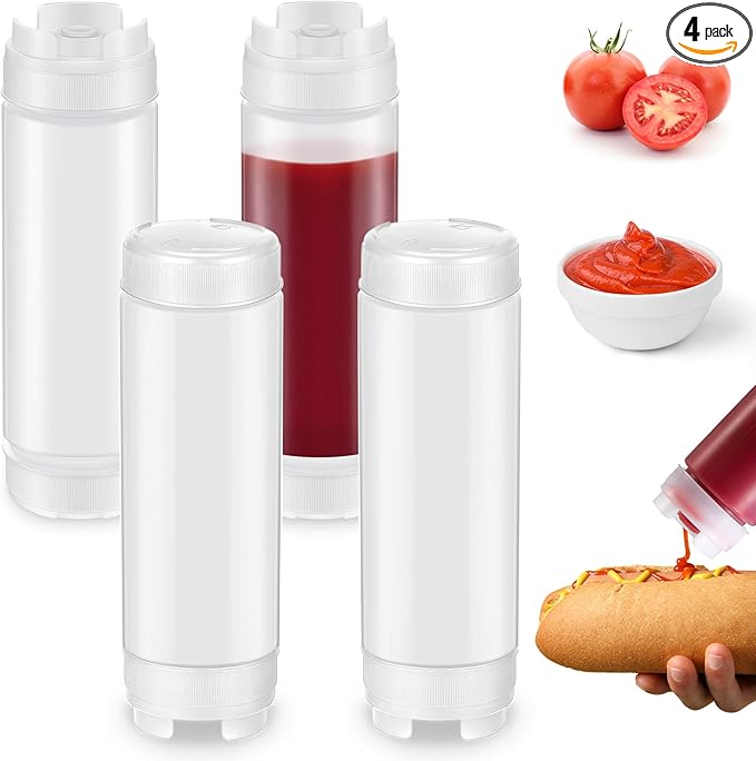 Didaey 4 Pcs Squeeze Bottles Refillable 20 oz, Inverted Plastic Tip Large Valve Dispenser Condiment Squeeze Bottle for Sauces Ketchup Sour Cream Self Sealing Syrup Dispenser for Restaurants (White)