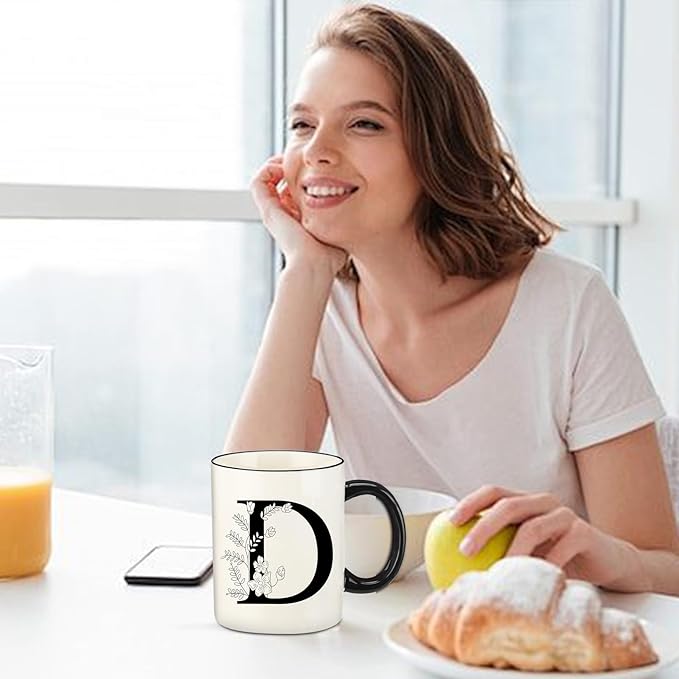 Monogram Ceramic Coffee Mugs, 11 oz Initial Drinking Cup with Gift Box, Unique Birthday Christmas Gifts for Women Wife Mothers Day Grandma Mom Aunt, D