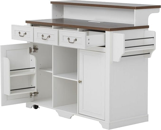 Rolling Kitchen Island with Two-Tier Bar Counter and Power Outlets, 3 Drawers & 4 Door Shelves, Mobile Kitchen Cart with Storage Cabinets & Locking Wheels for Dining Room & Kitchen, 53-Inch, White