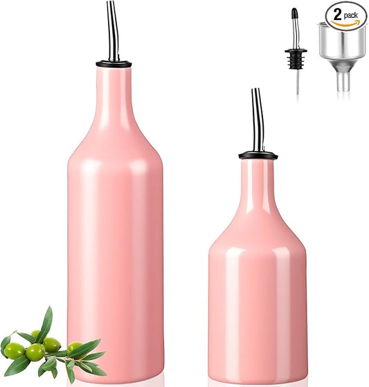 Set of 2 Ceramic Pink Olive Oil Dispenser Bottle for Kitchen with Stainless Steel Spout Large Capacity for Storage of Oil, Vinegar, Coffee Syrups & Other Liquids