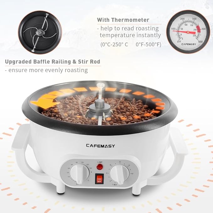 Home Coffee Bean Roaster Machine - CAFEMASY Coffee Bean Handle Design Electric Automatic Coffee Roaster with Timer and Roasting Temperature Setting