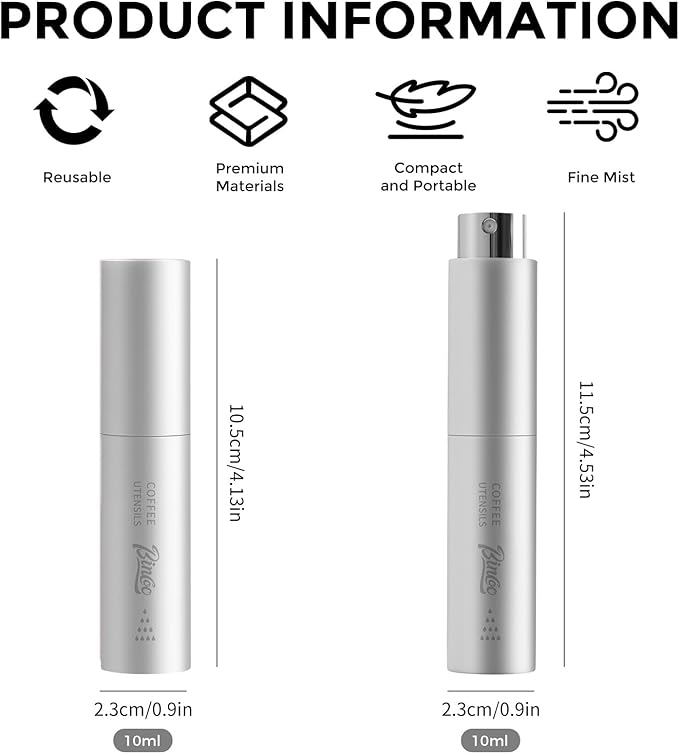 Bincoo Coffee Spray Bottle for RDT Technique - 10ml Mini Atomizer, Pre-Grind Moisture Mist for Grinding, Portable & Refillable with Carabiner Clip (Silver-1 Coffee Spray Bottle)